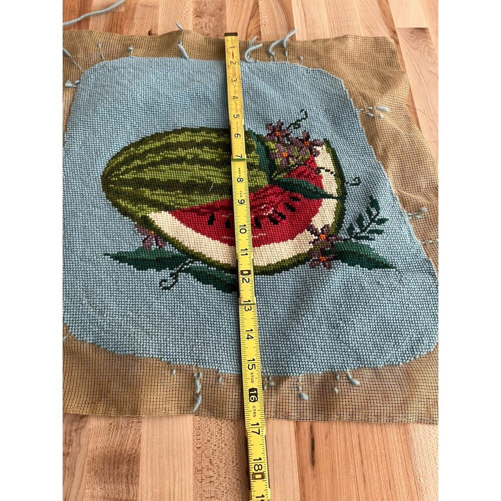 Vintage Needlepoint Set of 2 Watermelon Flowers Blue & Yellow Work in Progress - Picture 3 of 12